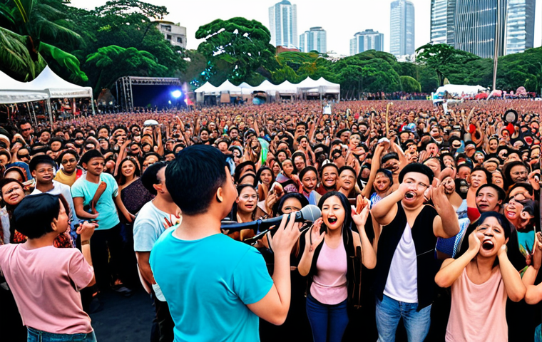 **

A vibrant music festival scene in Manila. Ben&Ben performing on stage, with a diverse crowd singing along. Capture the feeling of community and the uplifting power of OPM love songs. The scene should evoke a sense of hope and shared experience through music.

**