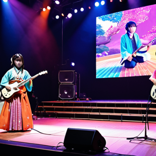 **

"A vibrant and modern Enka concert scene. A young, stylish Enka artist with colorful clothing performs on stage with electric guitars and synthesizers alongside traditional shamisen players. The audience is a mix of young and older generations, all enjoying the music. Stage lighting creates a dynamic atmosphere. Incorporate elements of both modern J-pop aesthetic and traditional Japanese art."

**