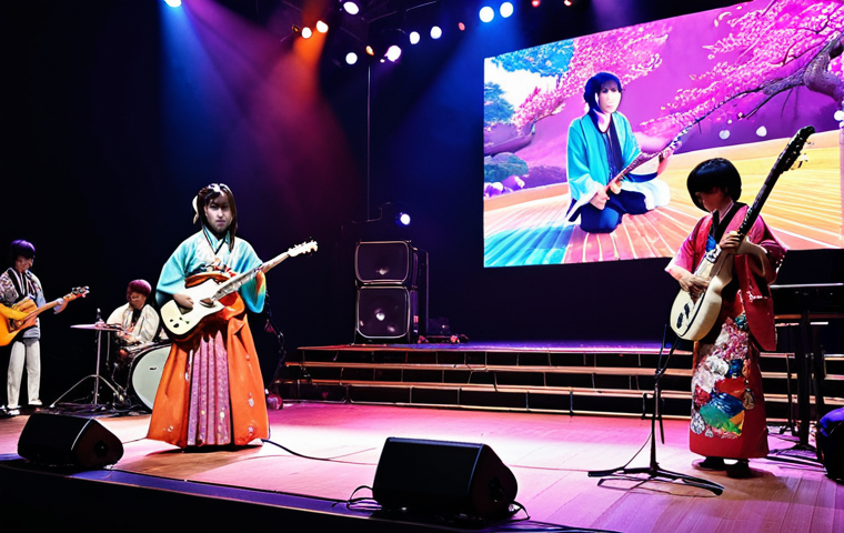 **

"A vibrant and modern Enka concert scene. A young, stylish Enka artist with colorful clothing performs on stage with electric guitars and synthesizers alongside traditional shamisen players. The audience is a mix of young and older generations, all enjoying the music. Stage lighting creates a dynamic atmosphere. Incorporate elements of both modern J-pop aesthetic and traditional Japanese art."

**