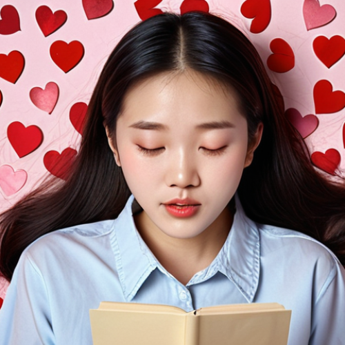 **A young woman blushing while listening to the song "Num" by Mao Buoi, surrounded by hearts and romantic imagery.** (Focus: Capturing the feeling of being shyly in love while listening to a romantic song.)