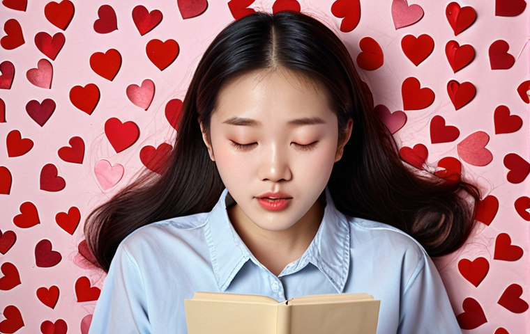 **A young woman blushing while listening to the song "Num" by Mao Buoi, surrounded by hearts and romantic imagery.** (Focus: Capturing the feeling of being shyly in love while listening to a romantic song.)